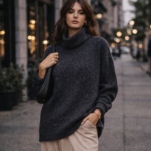 COS 100% Merino Wool Dark Grey Sweater Sz Small Oversized Speckled Roll Neck Top